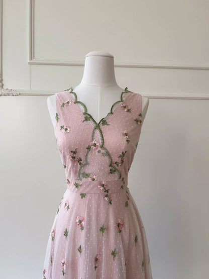 Sweet V Neck Pink Prom Dress Floral Polka Dots A-Line Evening Dress GG5844