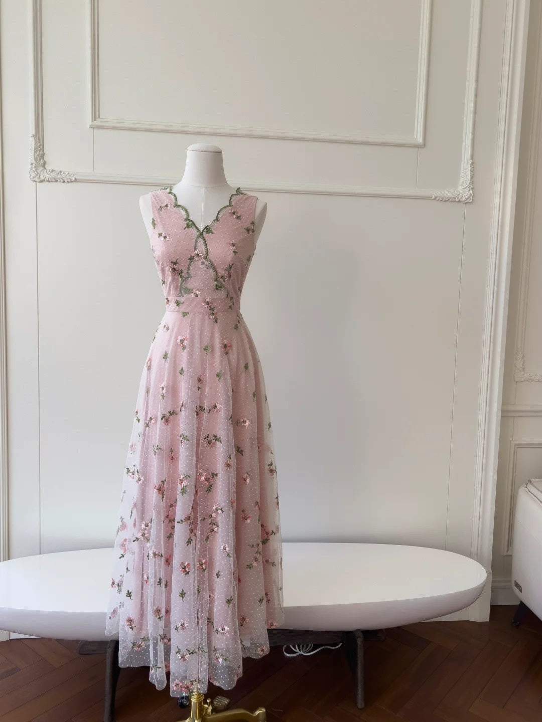 Sweet V Neck Pink Prom Dress Floral Polka Dots A-Line Evening Dress GG5844