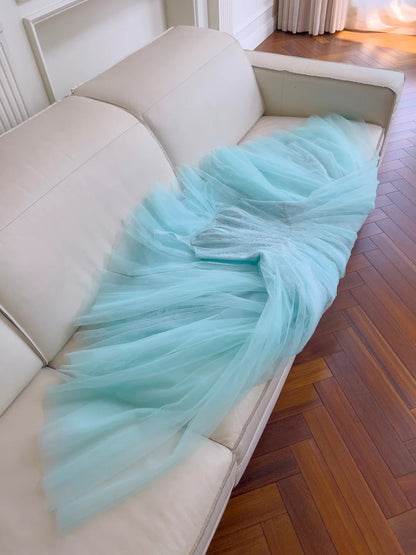 Chic Tulle Light Blue Prom Dress Lace Spaghetti Straps Sequins A-Line Evening Dress GG5847