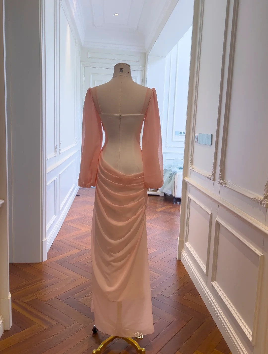 Brilliant Sweetheart Neck Pink Prom Dress Long Sleeve Beading Sheath Evening Dress GG5849