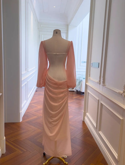 Brilliant Sweetheart Neck Pink Prom Dress Long Sleeve Beading Sheath Evening Dress GG5849