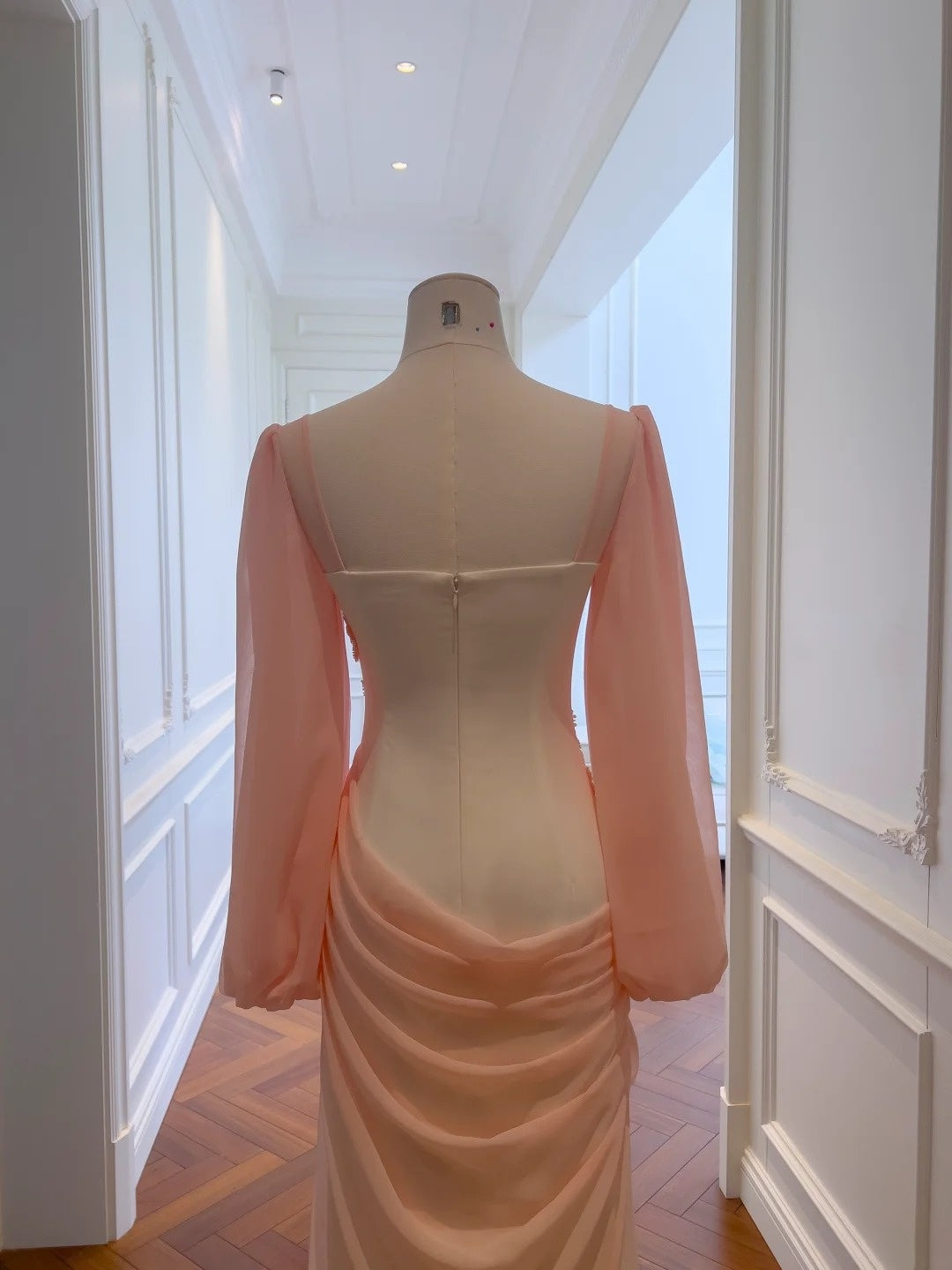 Brilliant Sweetheart Neck Pink Prom Dress Long Sleeve Beading Sheath Evening Dress GG5849