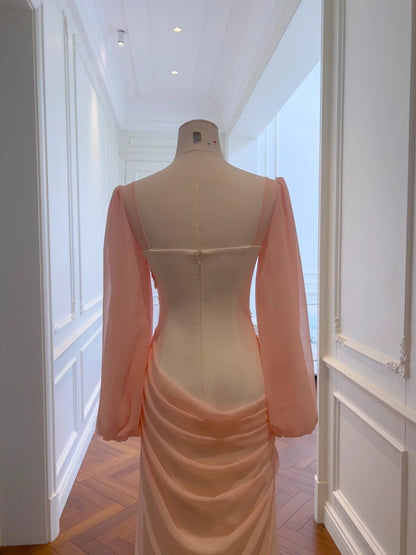 Brilliant Sweetheart Neck Pink Prom Dress Long Sleeve Beading Sheath Evening Dress GG5849