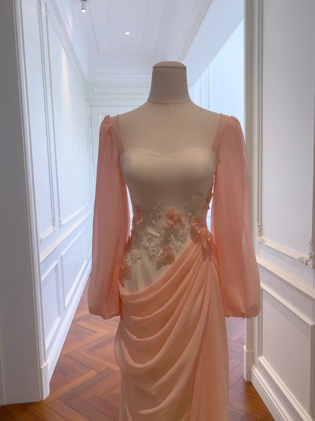 Brilliant Sweetheart Neck Pink Prom Dress Long Sleeve Beading Sheath Evening Dress GG5849