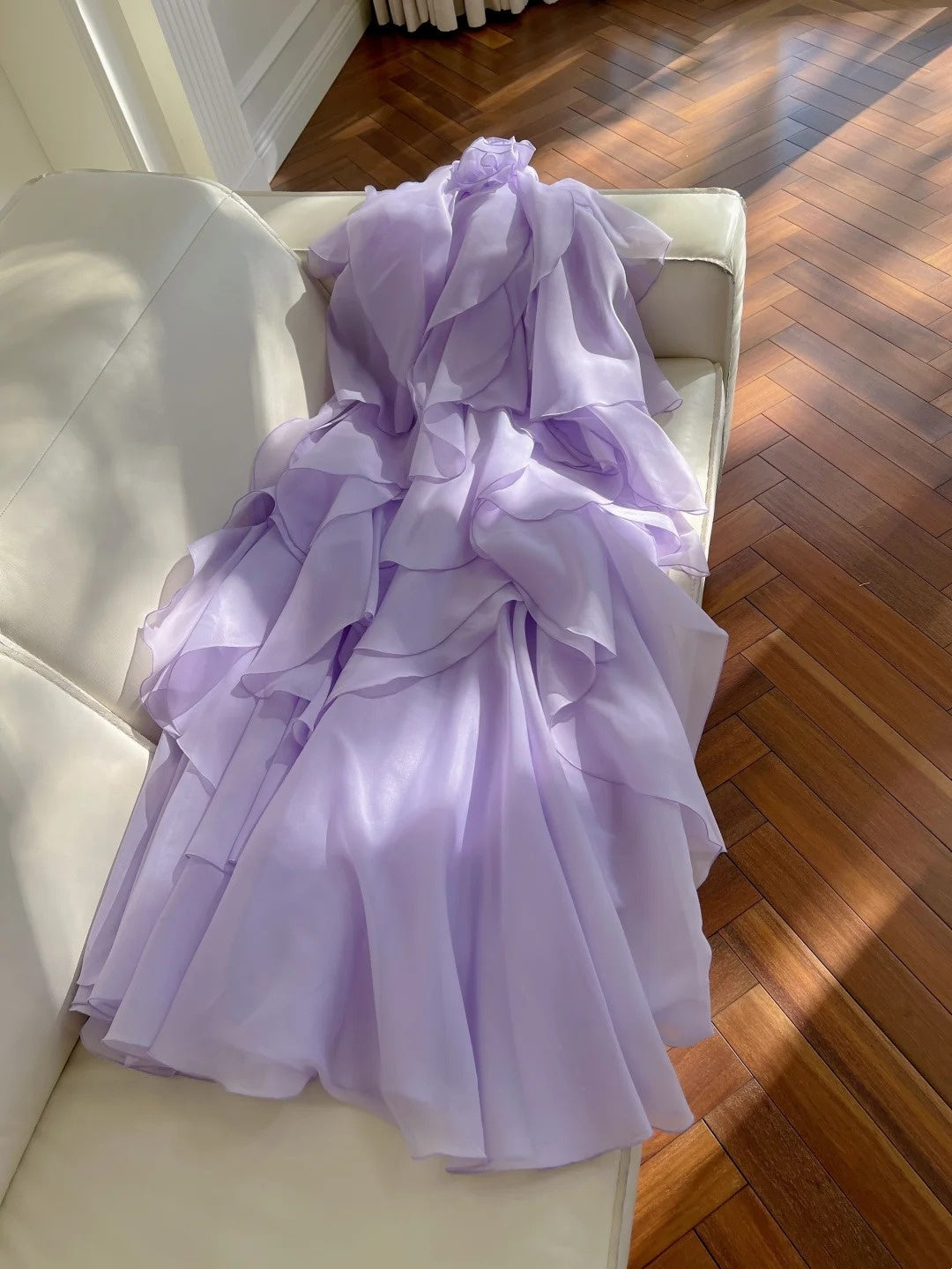 Charming Halter Neck Purple Prom Dress 3D Flower Ruffles Evening Dress GG5851