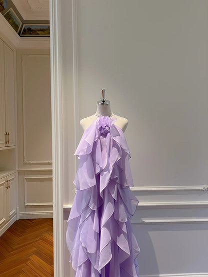 Charming Halter Neck Purple Prom Dress 3D Flower Ruffles Evening Dress GG5851
