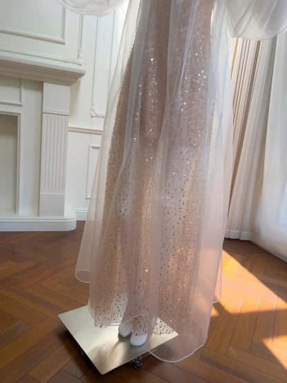Dreamy Pink Prom Dress Long Sleeve Sequins Tulle Evening Dress GG5852