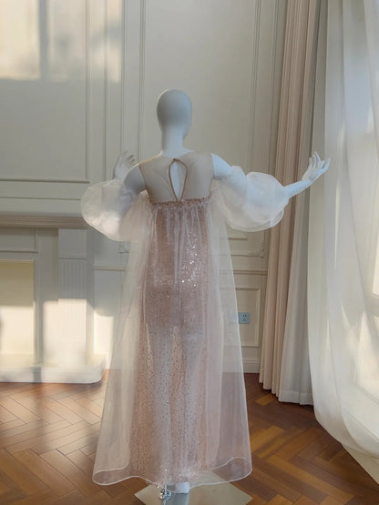 Dreamy Pink Prom Dress Long Sleeve Sequins Tulle Evening Dress GG5852