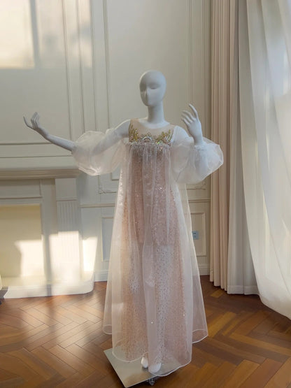 Dreamy Pink Prom Dress Long Sleeve Sequins Tulle Evening Dress GG5852