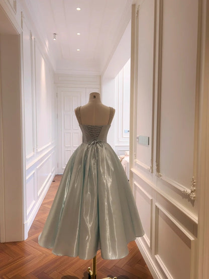 Trendy Light Blue Prom Dress Spaghetti Straps Satin A-Line Evening Dress GG5853