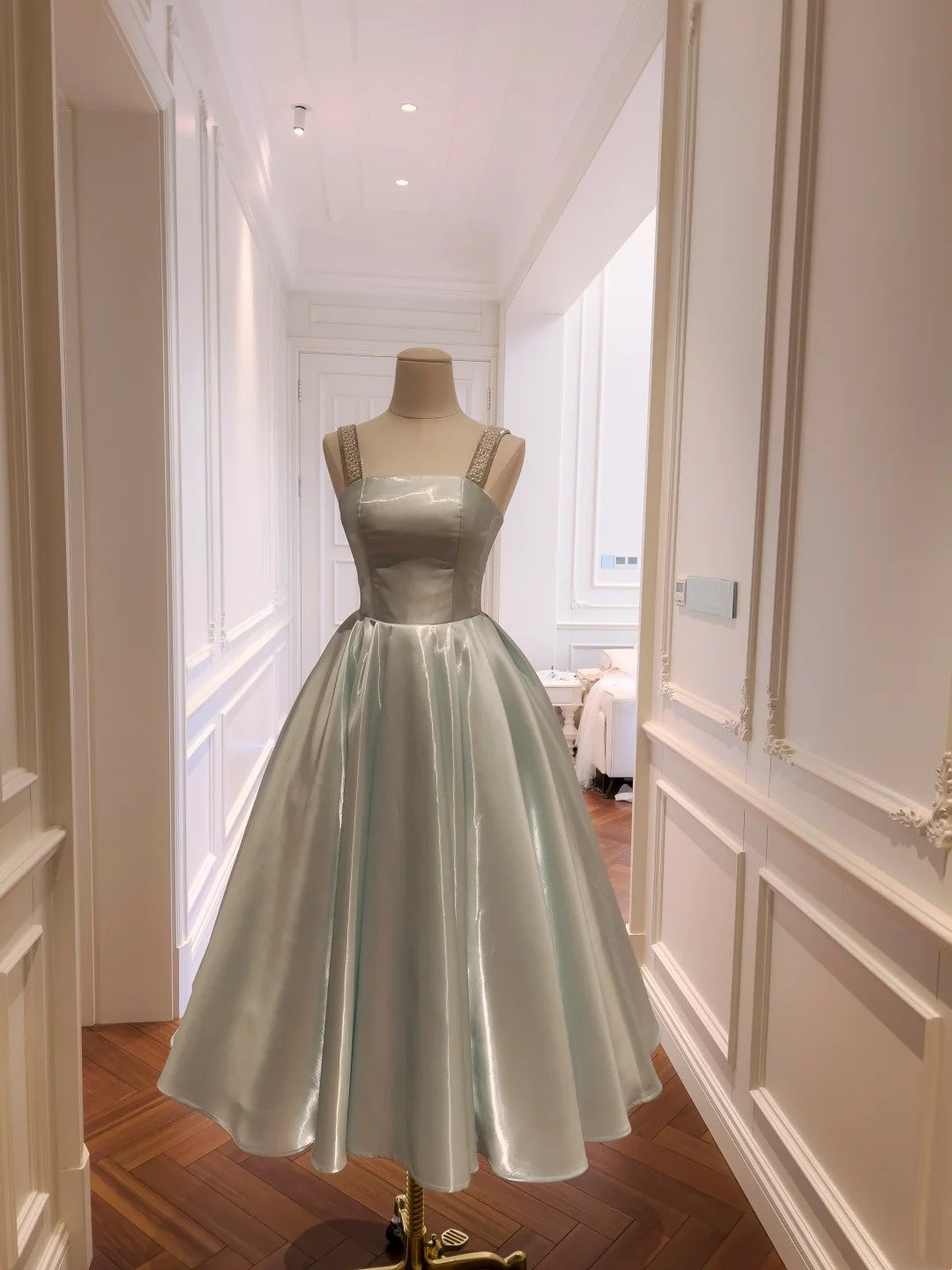 Trendy Light Blue Prom Dress Spaghetti Straps Satin A-Line Evening Dress GG5853