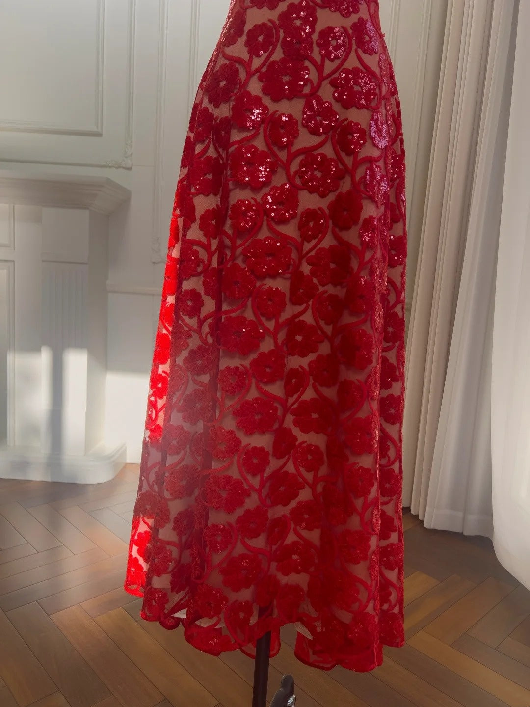 Sexy Strapless Red Prom Dress Sequins Floral A-Line Evening Dress GG5855