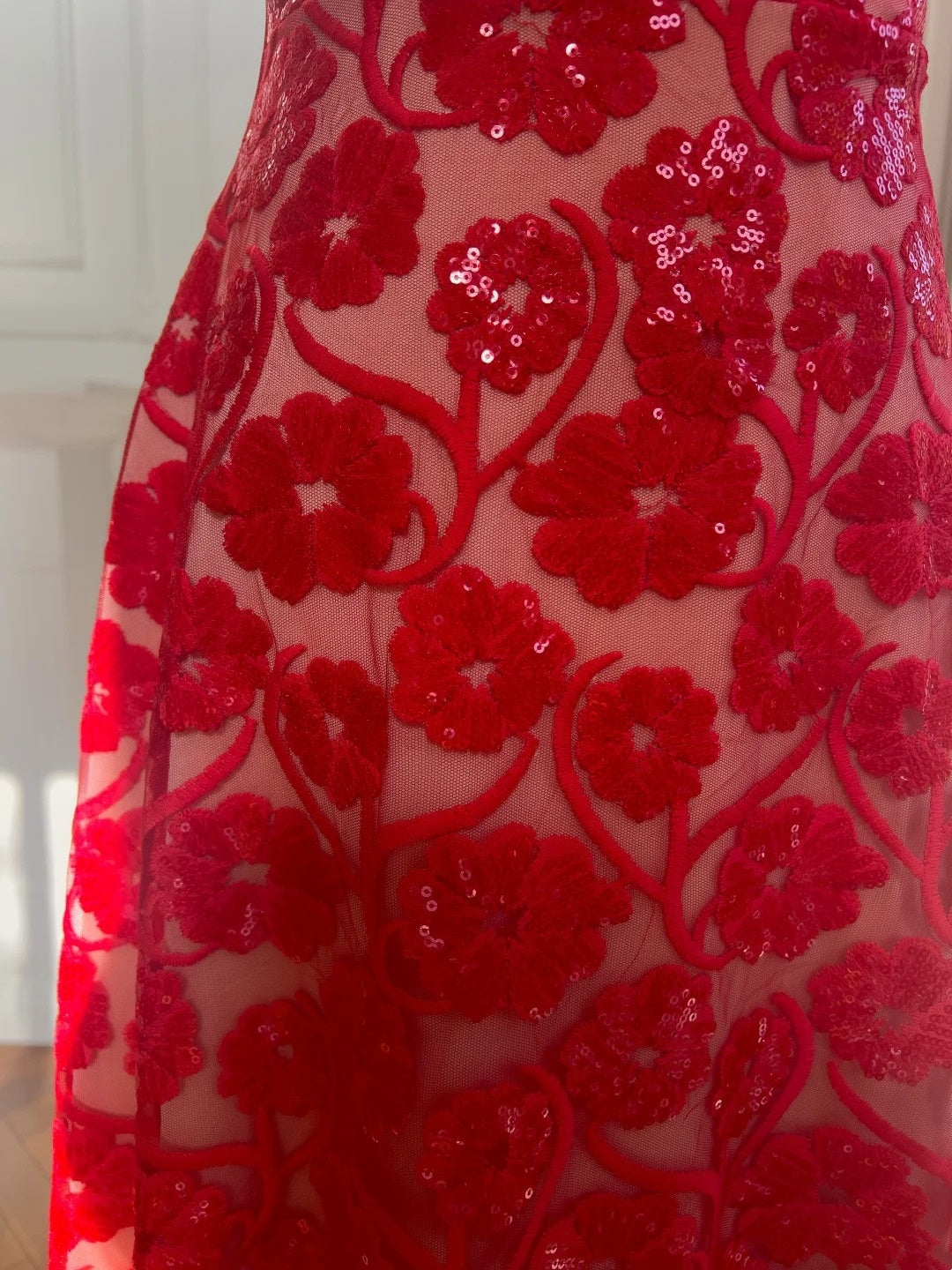 Sexy Strapless Red Prom Dress Sequins Floral A-Line Evening Dress GG5855