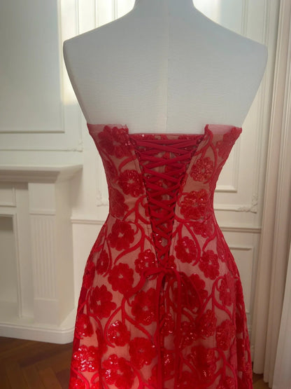 Sexy Strapless Red Prom Dress Sequins Floral A-Line Evening Dress GG5855