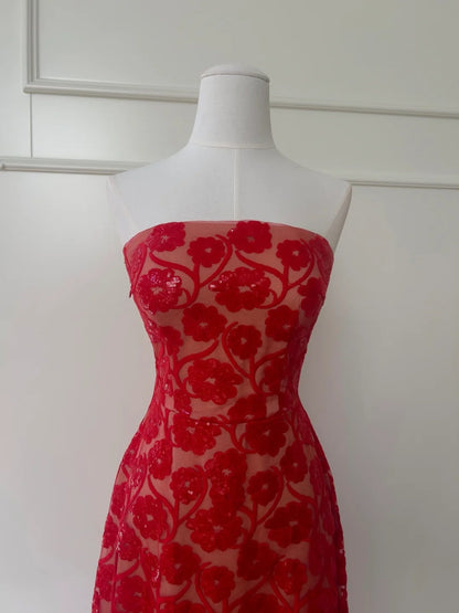 Sexy Strapless Red Prom Dress Sequins Floral A-Line Evening Dress GG5855