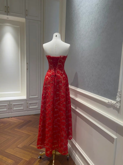 Sexy Strapless Red Prom Dress Sequins Floral A-Line Evening Dress GG5855