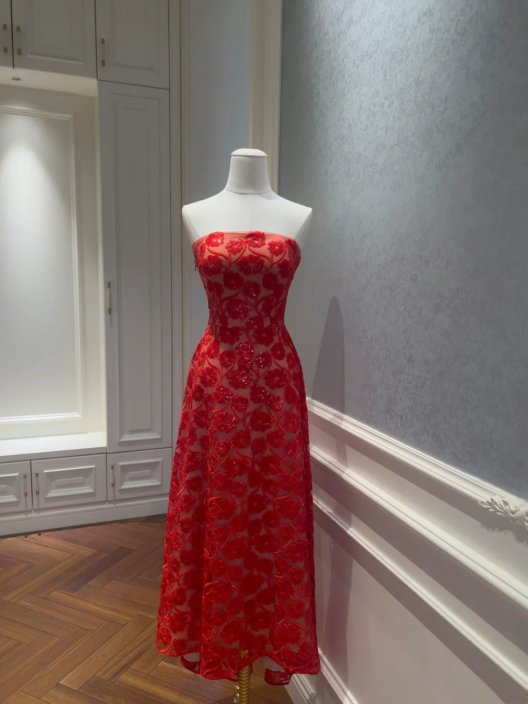 Sexy Strapless Red Prom Dress Sequins Floral A-Line Evening Dress GG5855