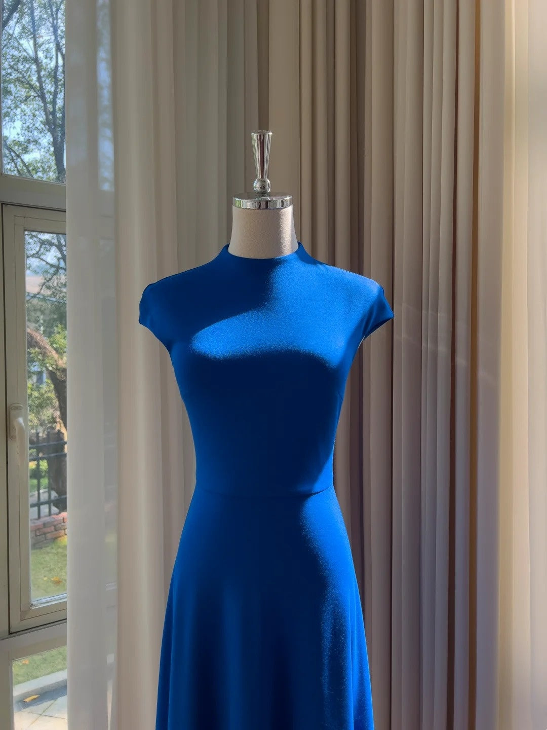 Minimalism Blue Prom Dress Short Sleeve A-Line Evening Dress GG5858