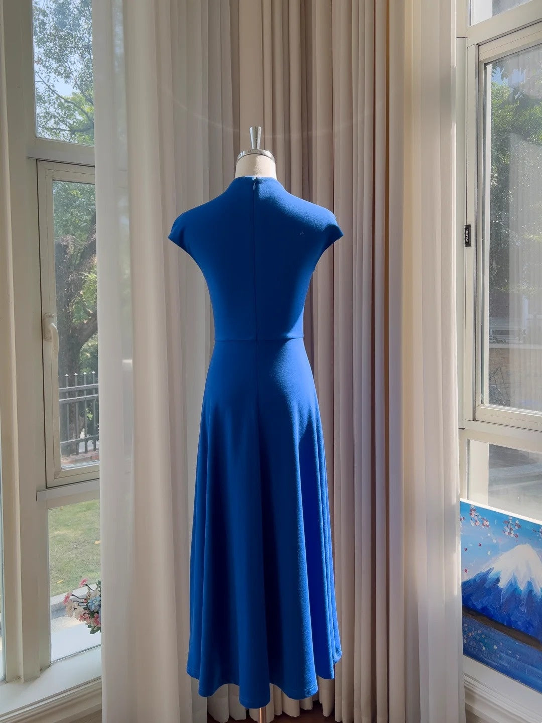 Minimalism Blue Prom Dress Short Sleeve A-Line Evening Dress GG5858