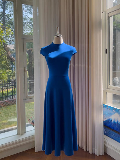 Minimalism Blue Prom Dress Short Sleeve A-Line Evening Dress GG5858