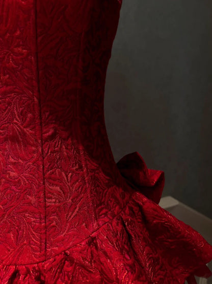 Trendy Red Homecoming Dress Jacquard A-Line Birthday Dress Bows Mini Dress GG5866
