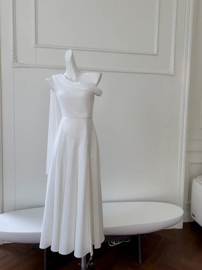 Unique White Prom Dress Asymmetrical Neck A-Line Long Evening Dress GG5868