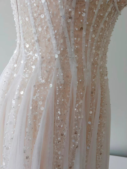 Glittering Spaghetti Straps Prom Dress Sequins Tulle A-Line Long Evening Dress GG5869