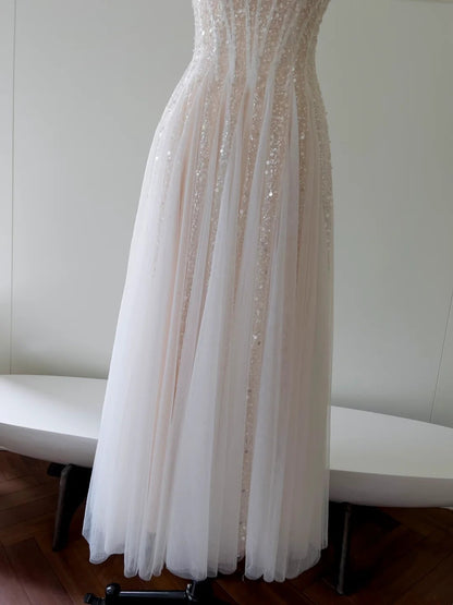 Glittering Spaghetti Straps Prom Dress Sequins Tulle A-Line Long Evening Dress GG5869