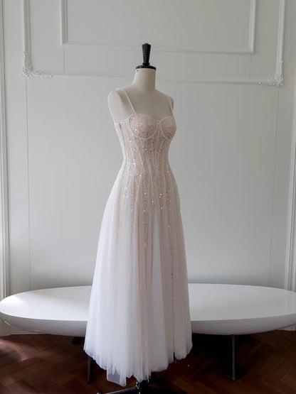 Glittering Spaghetti Straps Prom Dress Sequins Tulle A-Line Long Evening Dress GG5869