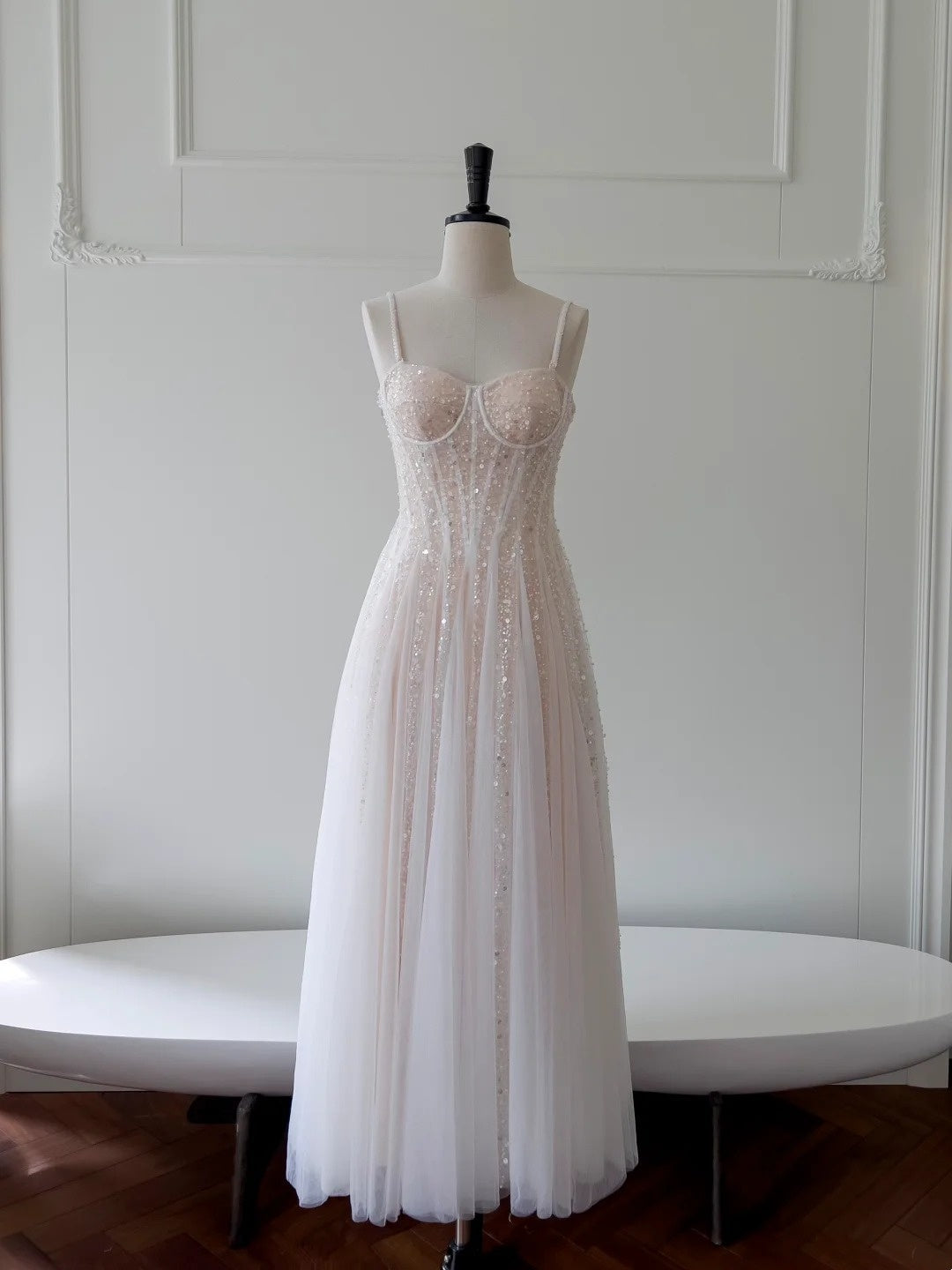 Glittering Spaghetti Straps Prom Dress Sequins Tulle A-Line Long Evening Dress GG5869