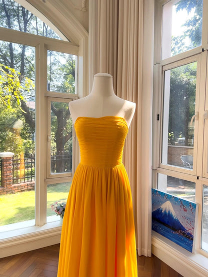 Unique Strapless Yellow Prom Dress Chiffon A-Line Long Evening Dress GG5872