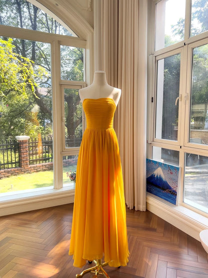 Unique Strapless Yellow Prom Dress Chiffon A-Line Long Evening Dress GG5872