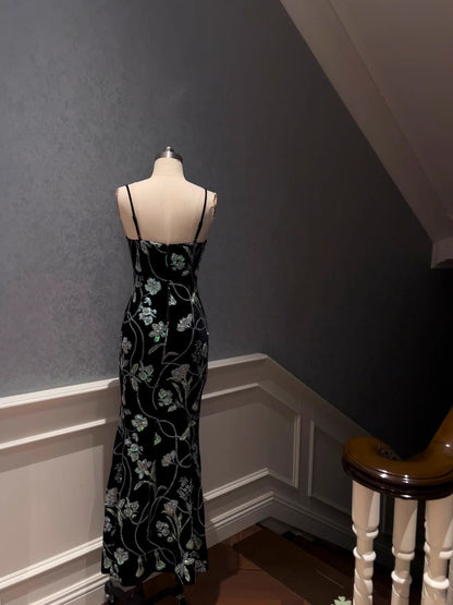 Sexy Spaghetti Straps Prom Dress Black Sequins Mermaid Long Evening Dress GG5873