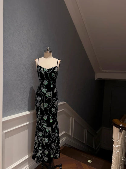 Sexy Spaghetti Straps Prom Dress Black Sequins Mermaid Long Evening Dress GG5873