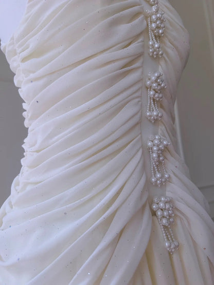 Trendy Beaded White Prom Dress Sequins A-Line Long Evening Dress GG5879