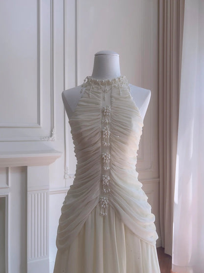 Trendy Beaded White Prom Dress Sequins A-Line Long Evening Dress GG5879
