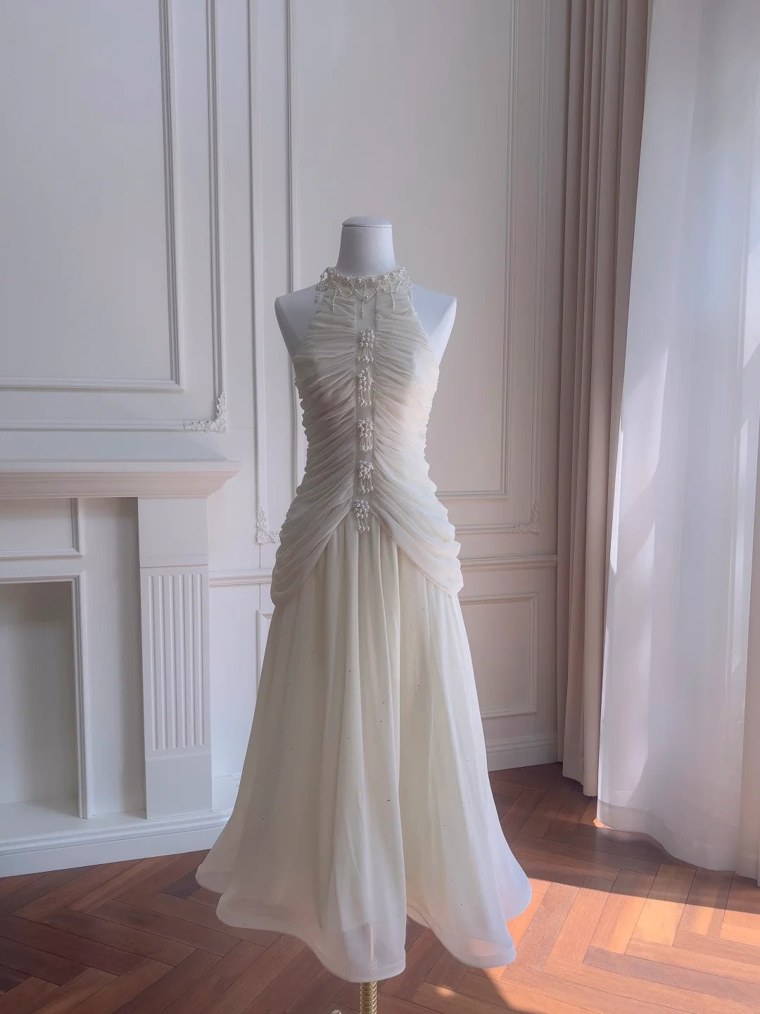 Trendy Beaded White Prom Dress Sequins A-Line Long Evening Dress GG5879