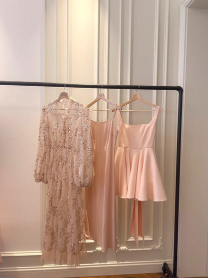 Charming Spaghetti Straps Homecoming Dress Pink Bow Birthday Dress Satin Tulle A-Line Mini Dress GG5880