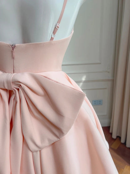 Charming Spaghetti Straps Homecoming Dress Pink Bow Birthday Dress Satin Tulle A-Line Mini Dress GG5880