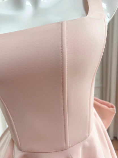 Charming Spaghetti Straps Homecoming Dress Pink Bow Birthday Dress Satin Tulle A-Line Mini Dress GG5880