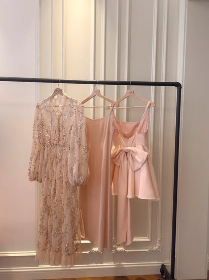 Charming Spaghetti Straps Homecoming Dress Pink Bow Birthday Dress Satin Tulle A-Line Mini Dress GG5880