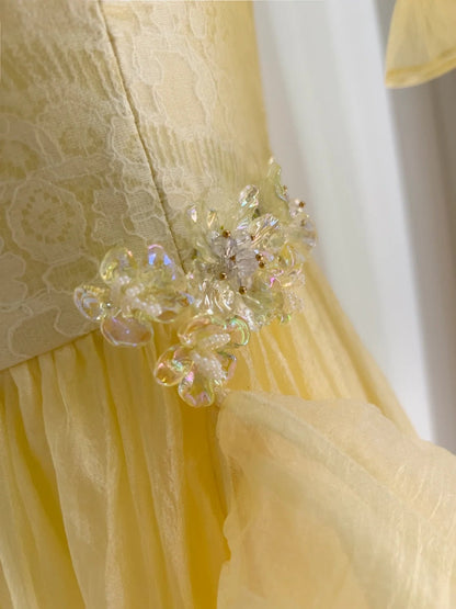 Chic Short Sleeve Yellow Prom Dress Ruffles Tulle A-Line Evening Dress GG5881