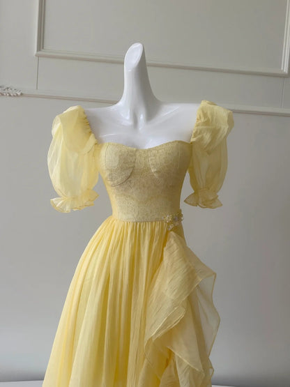 Chic Short Sleeve Yellow Prom Dress Ruffles Tulle A-Line Evening Dress GG5881