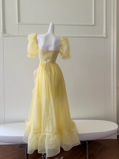 Chic Short Sleeve Yellow Prom Dress Ruffles Tulle A-Line Evening Dress GG5881