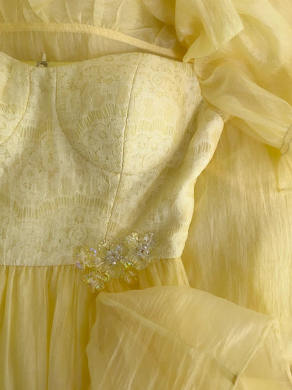 Chic Short Sleeve Yellow Prom Dress Ruffles Tulle A-Line Evening Dress GG5881
