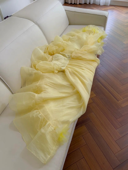 Chic Short Sleeve Yellow Prom Dress Ruffles Tulle A-Line Evening Dress GG5881