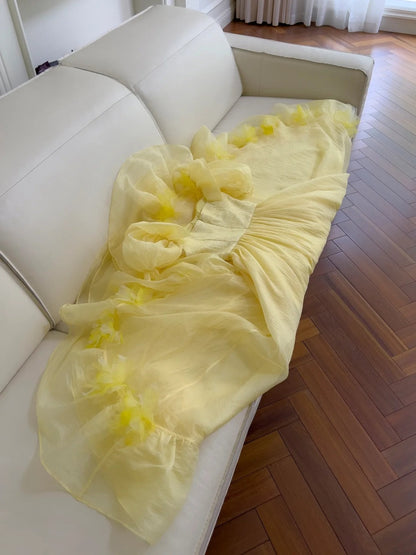 Chic Short Sleeve Yellow Prom Dress Ruffles Tulle A-Line Evening Dress GG5881