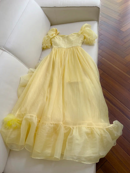 Chic Short Sleeve Yellow Prom Dress Ruffles Tulle A-Line Evening Dress GG5881