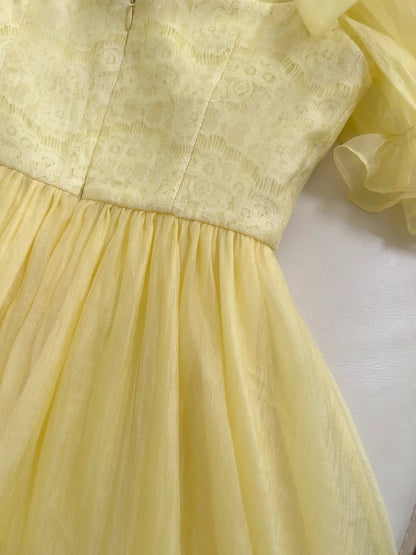 Chic Short Sleeve Yellow Prom Dress Ruffles Tulle A-Line Evening Dress GG5881