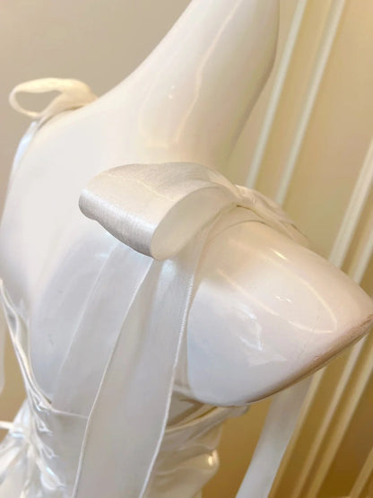 Lustrous Bows White Prom Dress Satin Long Evening Dress GG5883